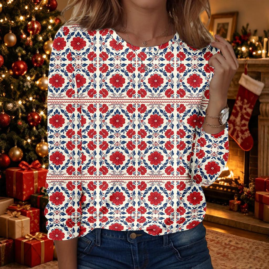 Women's Fashion Christmas Print Crewneck Long Sleeve Pullover Top, Casual Holiday Shirt