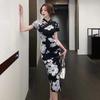 retro printing improved cheongsam high split fork daily hip fold waist medium and long dress