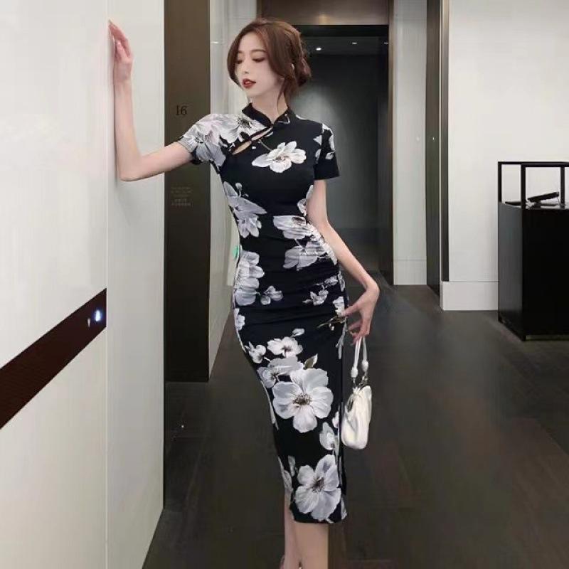 retro printing improved cheongsam high split fork daily hip fold waist medium and long dress