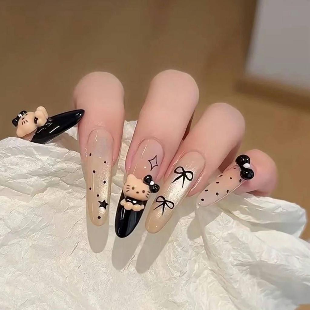 Blush French Cat Eye Princess Bow Nails - Handmade Wearable Nail Art
