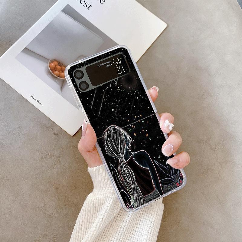 Creative Black Stardust Girl Pattern Phone Case for Samsung Galaxy Z Flip 7 Flip 6 5 4 3 Folding Cover for Z Flip7 Flip5 Fundas