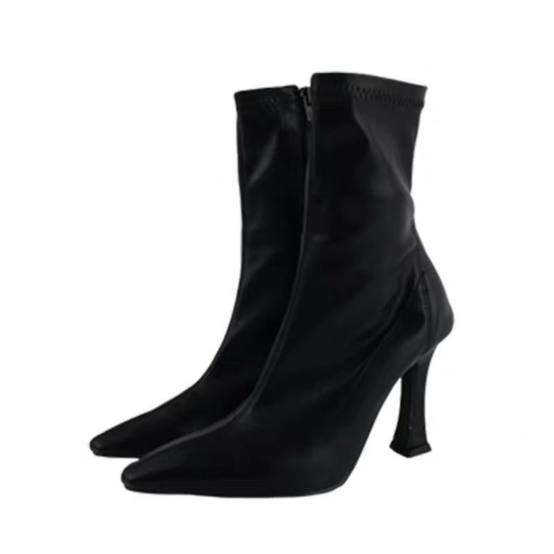 Europe, America, autumn and winter square head high-heeled short boots women's thin heel medium tube elastic boots tide