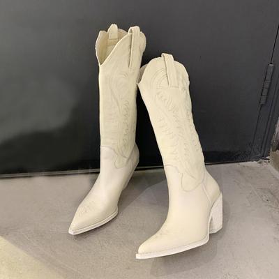 Modische Damenstiefel aus geprägtem Mikrofaserleder mit spitzer Zehenpartie, Western-Cowboystiefel, kniehohe Stiefel, klobige Keilstiefeletten für Damen