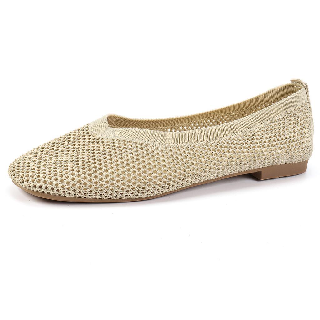 European and American new large-size autumn fly-woven mesh breathable low-top single shoes women's hollow solid-color square-head beanie shoes