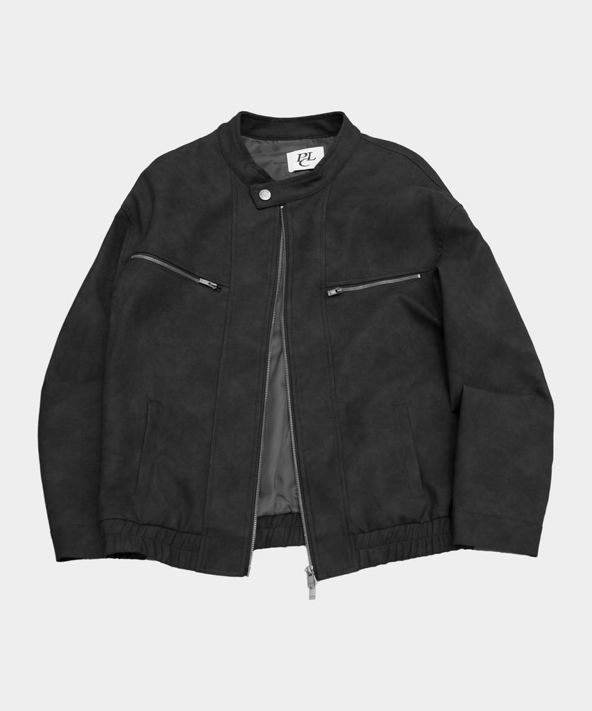 Placestudioman Vintage Oversized Neck Button Two-Way Leather Racing Biker Jacket_2 Colors