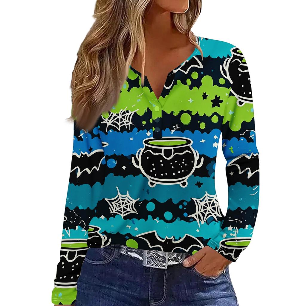 Women's Fashion Casual Halloween Printed V-Neck Button Trim Long Sleeve T-Shirt Top