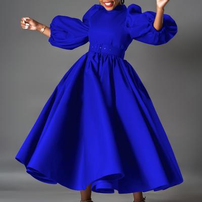 Damska Sukienka Midi Plus Size Jednokolorowa z Bufiastymi Rękawami i Szerokim Dołem