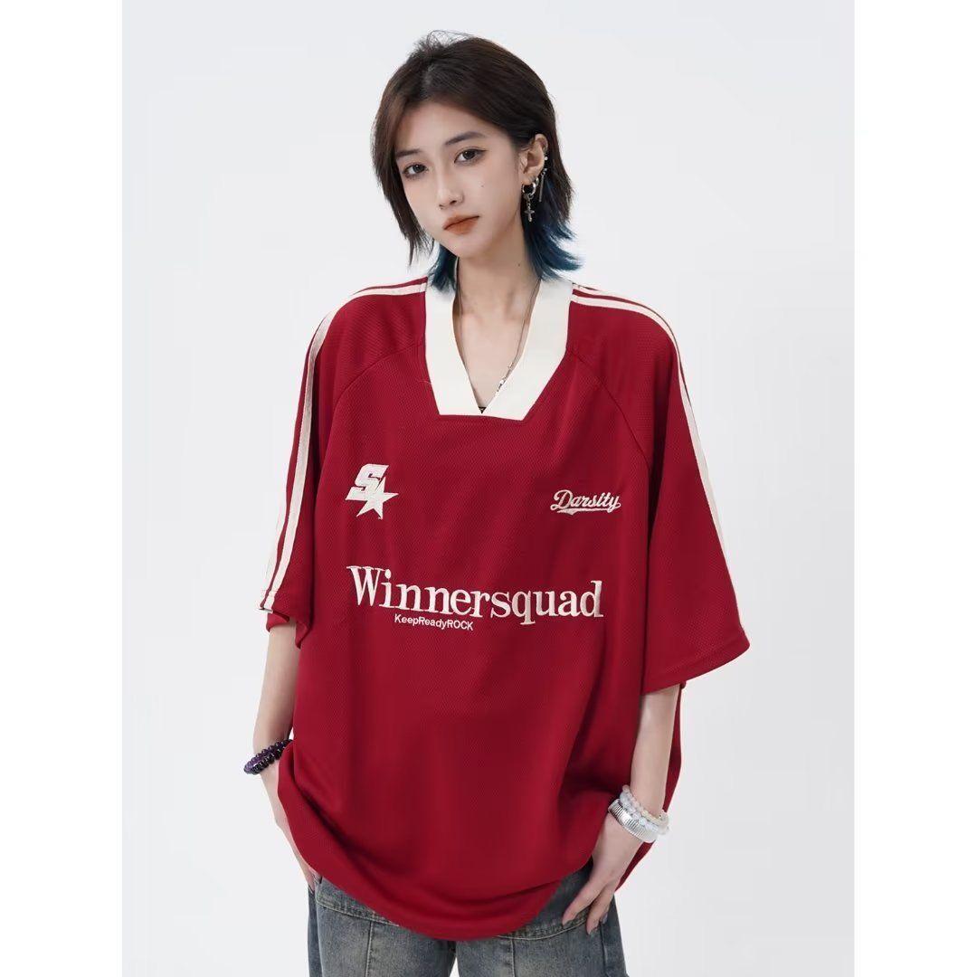 

Футболка свободного покроя унисекс с V-образным вырезом и вышивкой, лето 2024 г. XXL красный