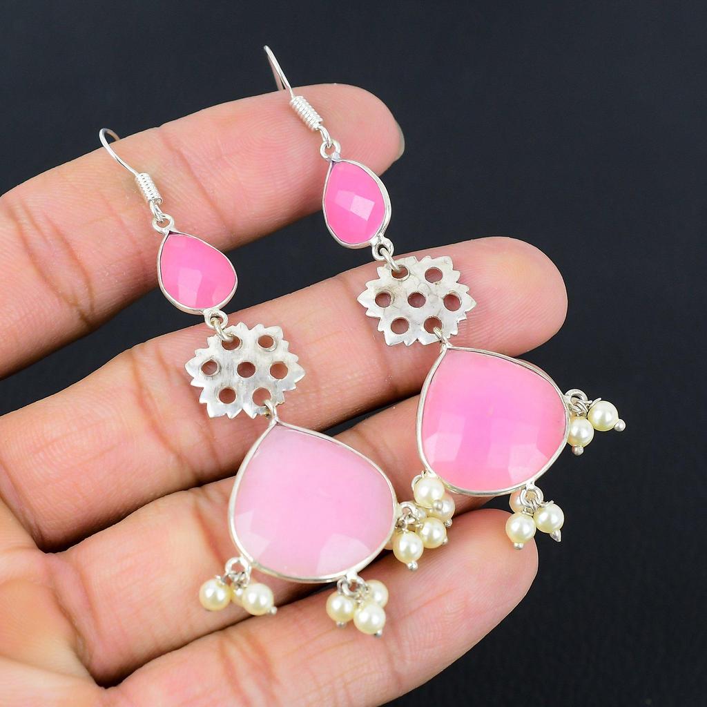 925 Sterling Silver Pink Chalcedony Gemstone Drop Birthday Wife Earrings Jewelry
