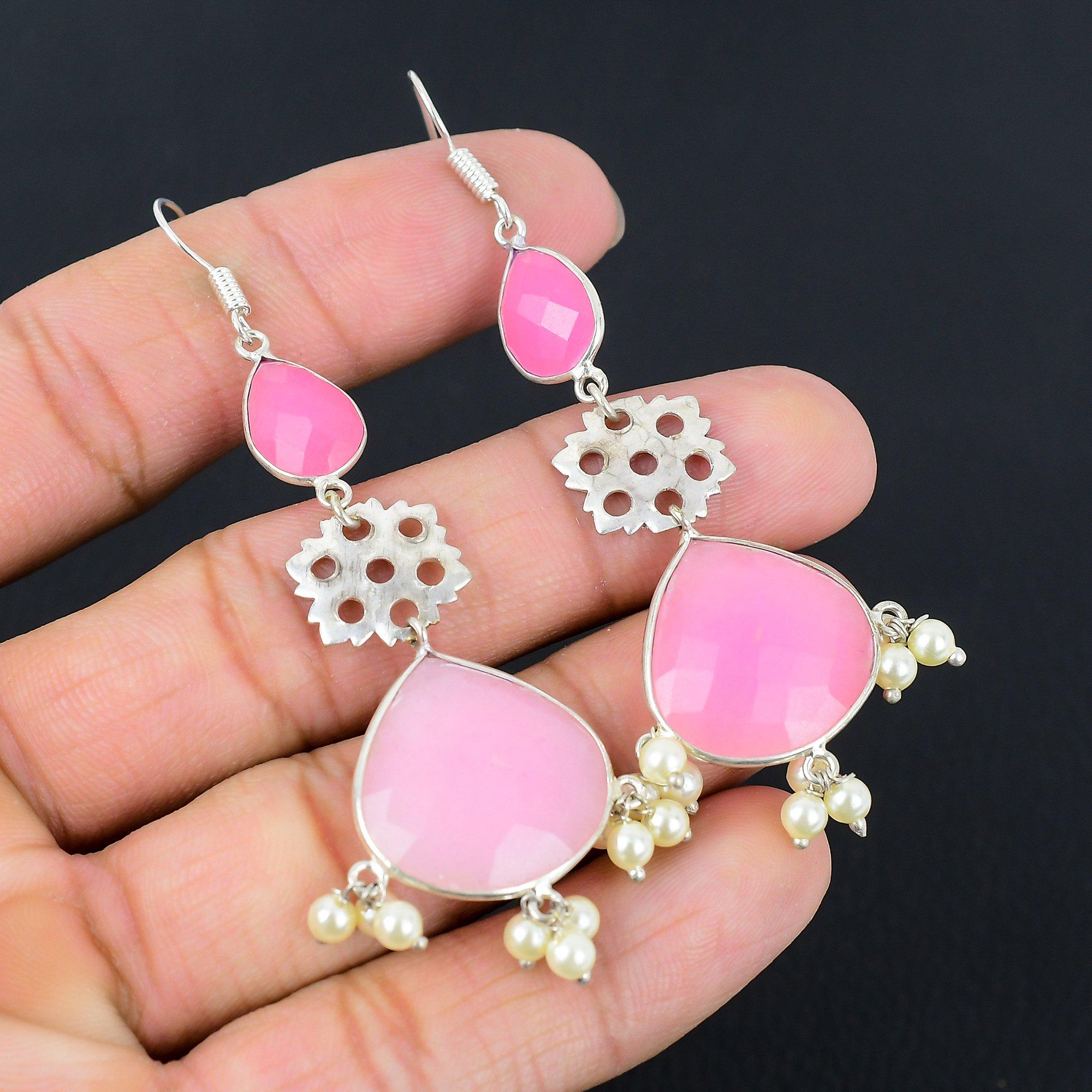 

925 Sterling Silver Pink Chalcedony Gemstone Drop Birthday Wife Earrings Jewelry