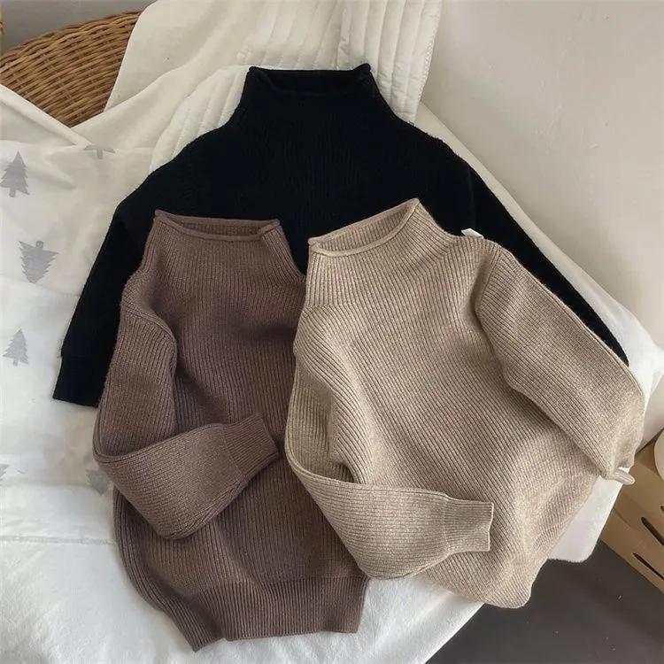 Children's Autumn/Winter Solid-Color Crewneck Knit Sweater Solid-Color Minimalist Long-Sleeve Pullover Top
