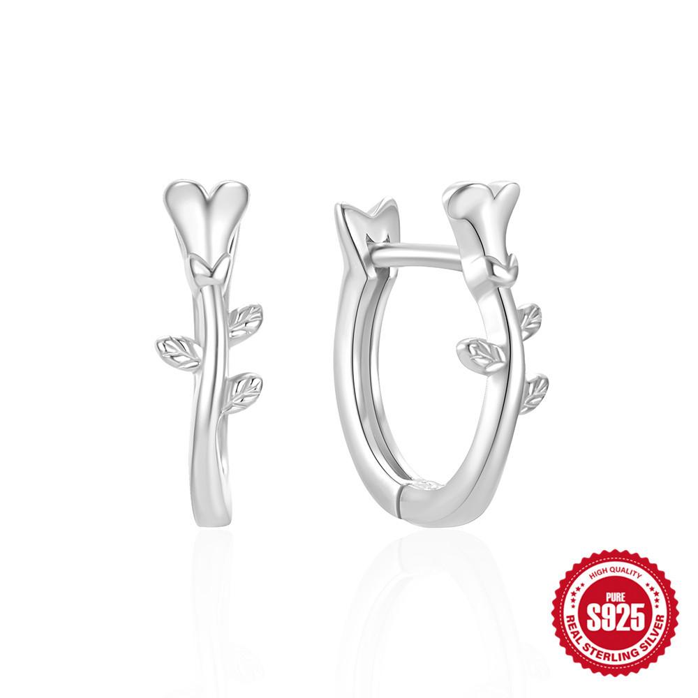 Simple Style S925 Sterling Silver Personality Size Diamond Leaf Glossy Luxury Earrings Ear Buckles Earrings Huggie