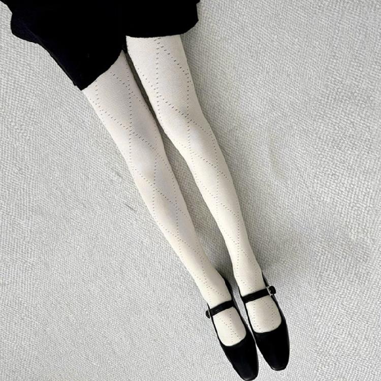 Women Hollowed Plaids Pattern Stockings Cotton Pantyhose Solid Color Winter Opaque Tights Bottoming Leggings Hosiery