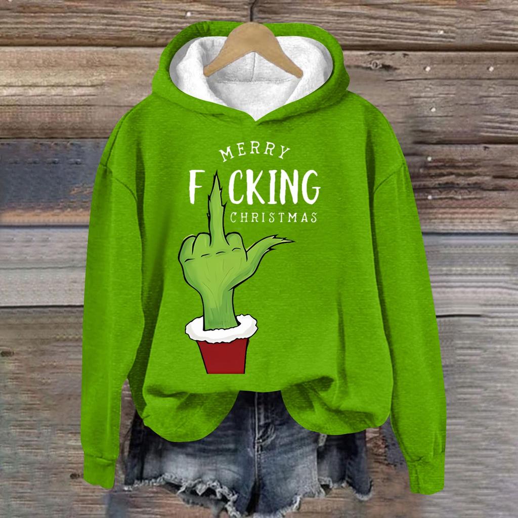 Women's Fashion Casual Long Sleeve Christmas Printed Round Neck Hooded Sweatshirt Top