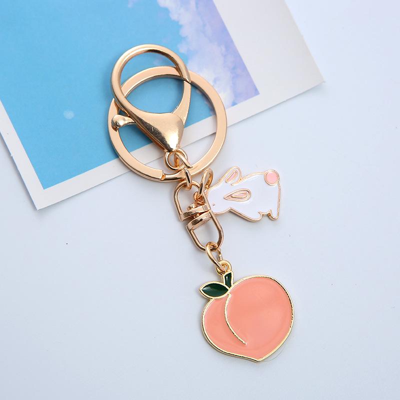 Girly Heart Rabbit & Strawberry Keychain - Cute Cartoon Peach Heart Keyring Bag Pendant Single OPP Bag Packaging