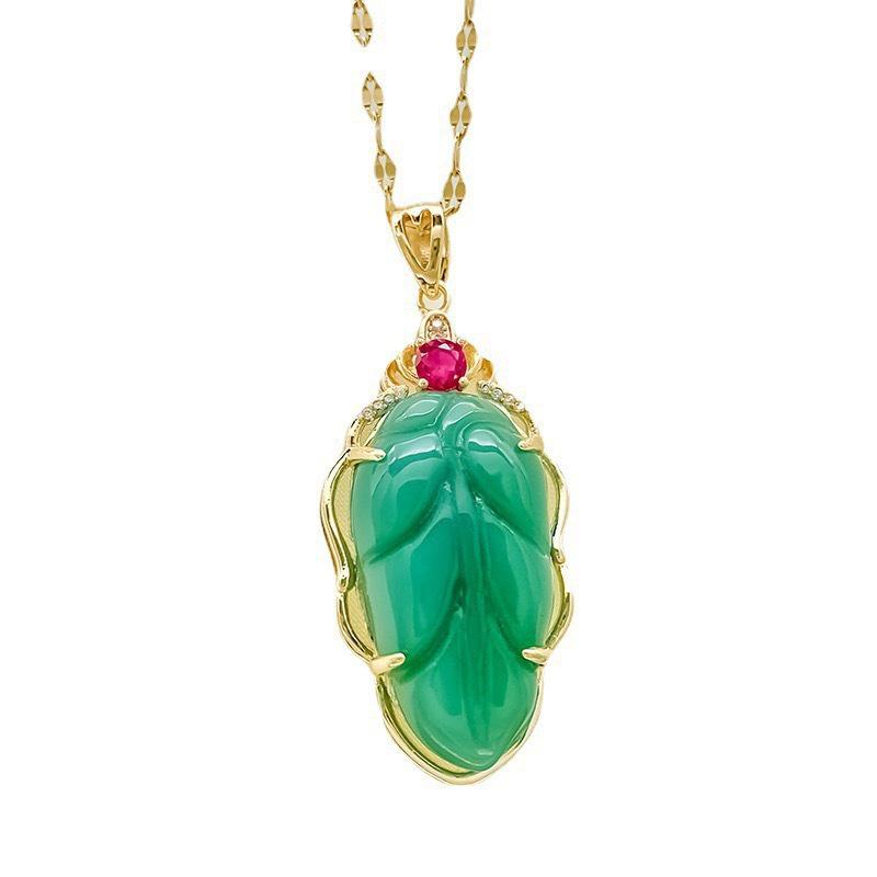 Luxurious Gold Branch Jade Leaf Necklace - Non-Fading, High-End Imitation Chalcedony