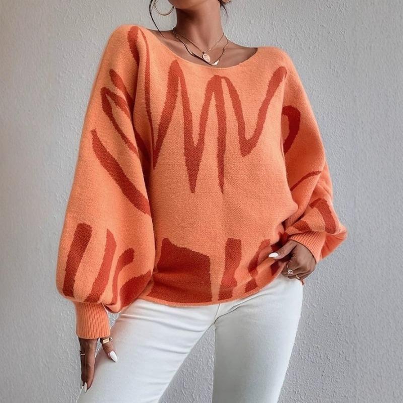 Women S Casual Geometric Pattern Pullover Sweater Long Sleeve Loose Fit