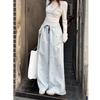 Women's Spring High-Waisted Wide-Leg Pants with Bowknot, Blue Stripes, Slim-Fit, Elastic Waist, Casual and Versatile Style.