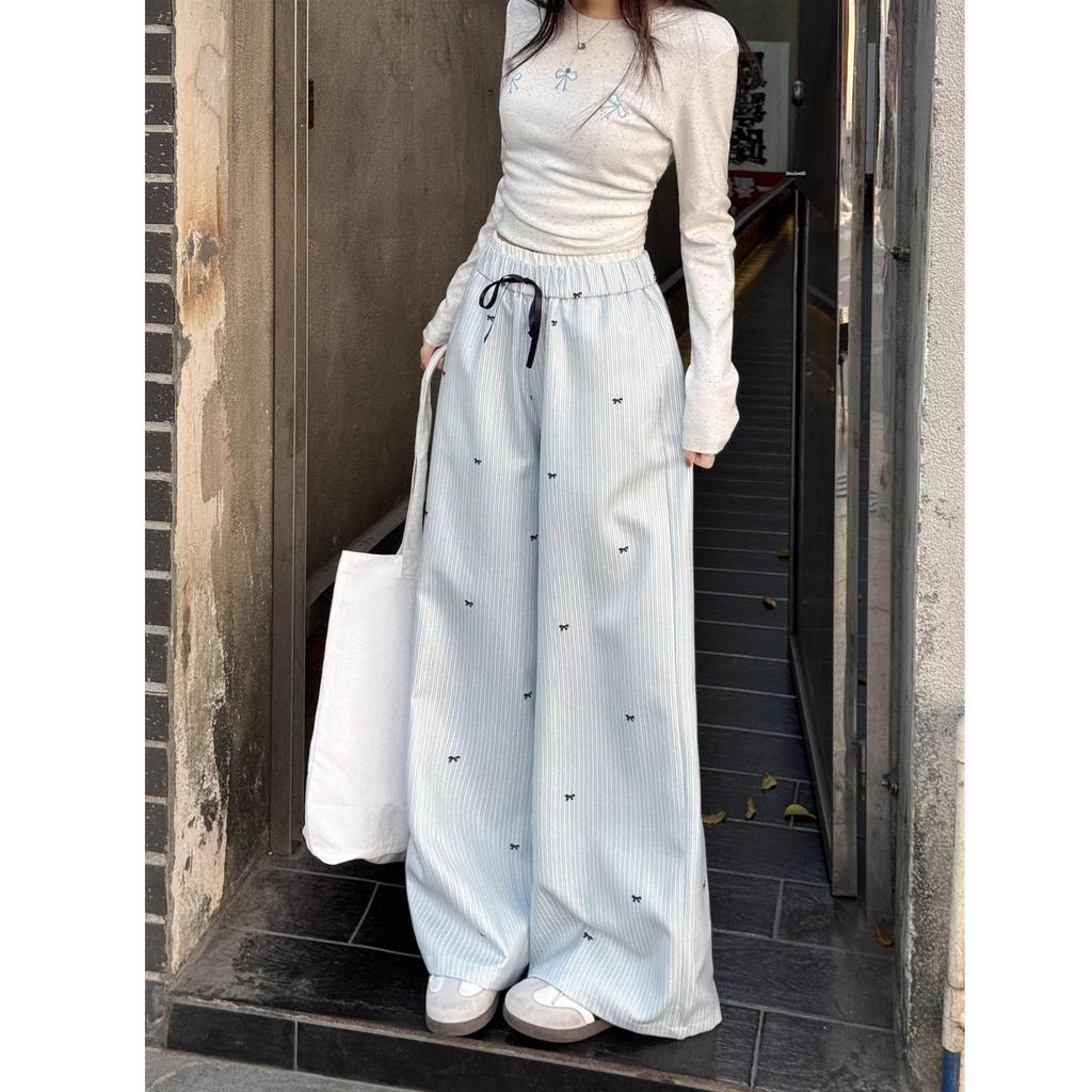 Women's Spring High-Waisted Wide-Leg Pants with Bowknot, Blue Stripes, Slim-Fit, Elastic Waist, Casual and Versatile Style.