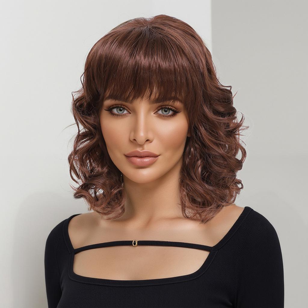 Women Synthetic Brown Wig With Bangs Shoulder Length Wave Fluffy Hair for Daily Use Lolita Halloween Cosplay Heat Resistant Fibre