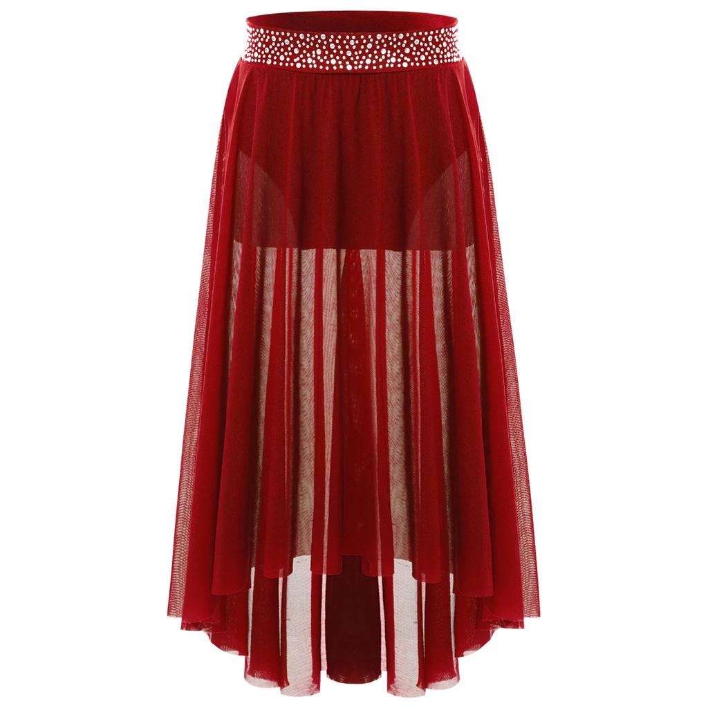 Girls Lyrical Contemporary Modern Dance Skirts Shiny Rhinestones Waistband Side Slit High Low Irregular Mesh Skirt Performance Costume