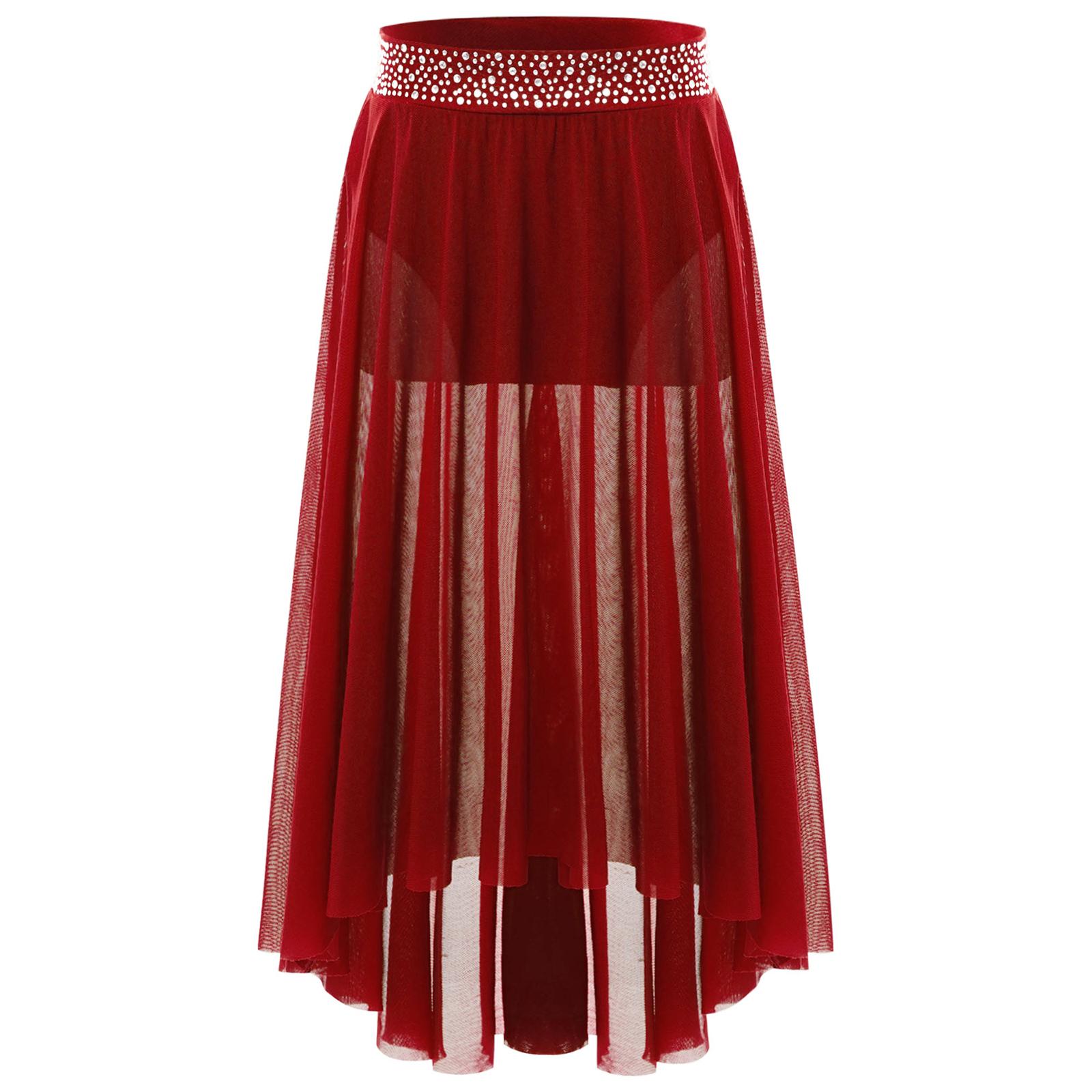 

Дитяча танцювальна спідниця Блискучі стрази Пояс з боковим розрізом Високий низький нерівний сітчастий спідниця для виступу 13-14 Years бордовий