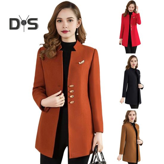 Women Winter Coat Formal Business Style Stand Collar Single-breasted Mid Length Slim Fit OL Commuting Jacket Solid Color Thick Outerwear