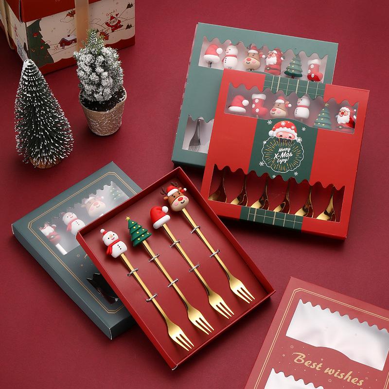 6/4PCS Christmas Gift Glod Silver Spoon Fork Set Elk Christmas Tree Decoration Dessert Scoop Fruit Fork Coffee Spoon Cutlery Set