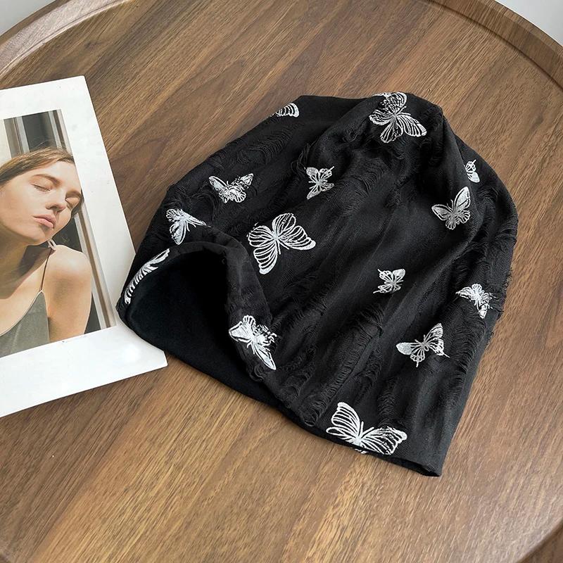 

Корейская шапка-бини с принтом бабочек для женщин, хлопковая, мешковатая, удлиненная, шапочка-череп, японский уличный стиль для девушек, теплая шапка-пуловер, боннет чёрный