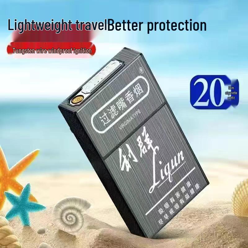 Slim 20-Piece Cigarette Case with Rechargeable Lighter - Moisture-Proof, Pressure-Resistant Flip-Top Design.
