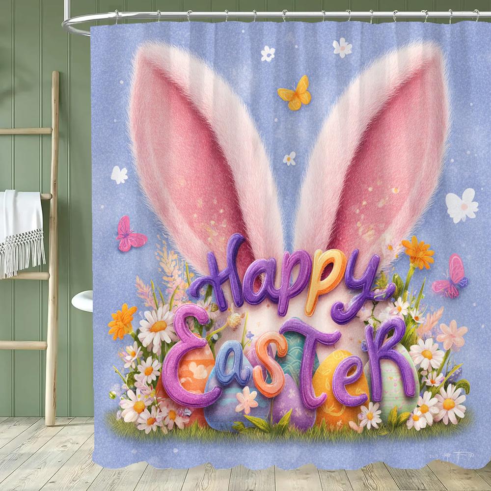 Happy Easter Shower Curtain,Egg and Rabbit Cartoon Printed Polyester Fabric Decorative Bathroom Curtain, Home Curtain with Hooks