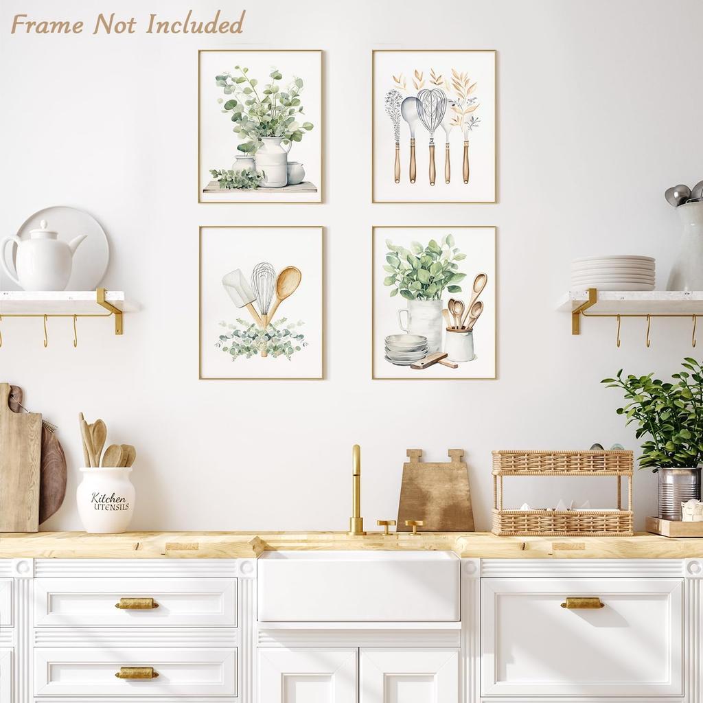 4 PCS Botanical Kitchen Wall Art Poster Sage Green Eucalyptus Leaves Prints, Boho Plant Wall Poster for Kitchen Dining Room Decor 8x10 in Unframed