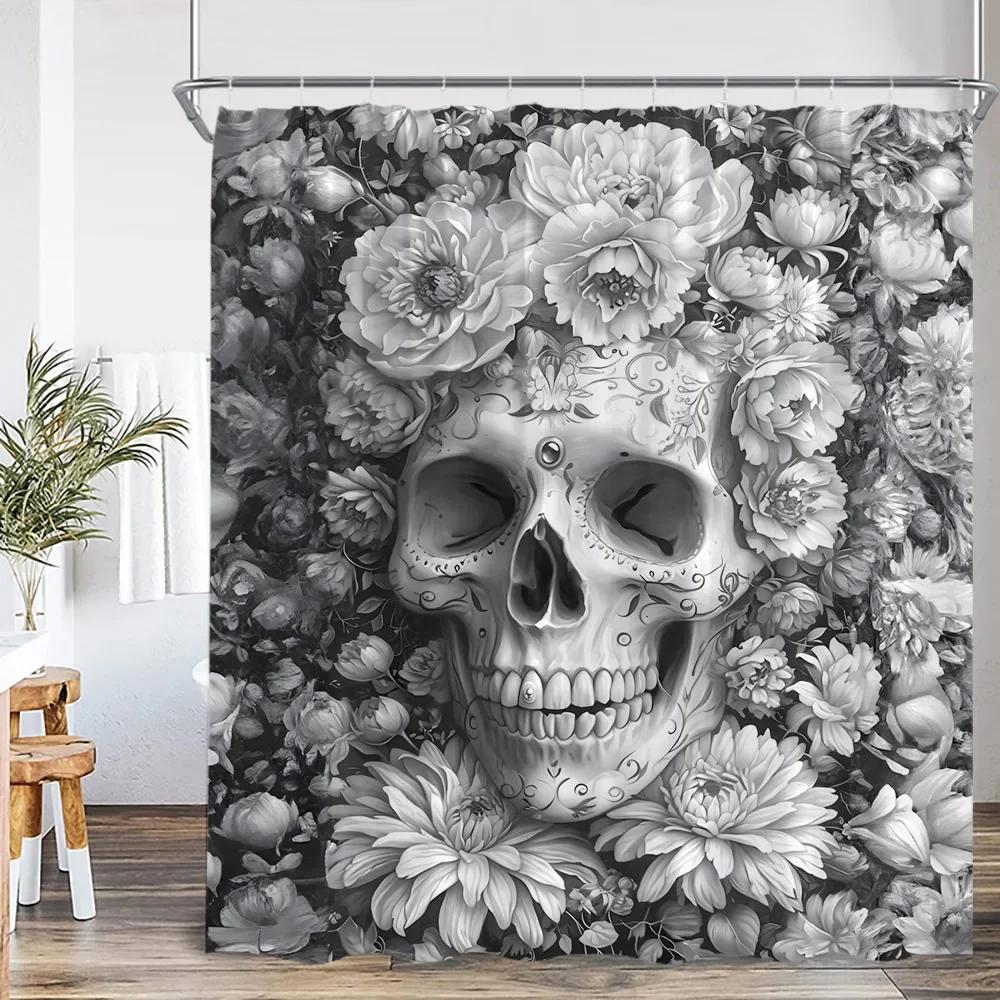 Funny Floral Skull Shower Curtain Bathroom Decoration Happy Halloween Polyester Shower Curtain with Hook