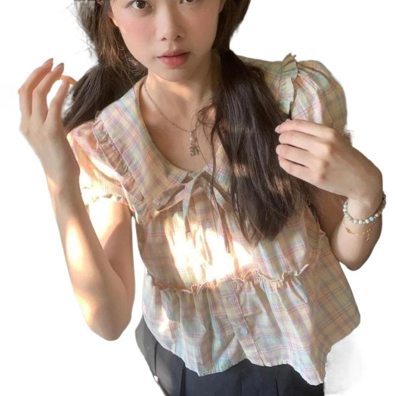 Colorful Checkered Women's Shirt Peter Pan Collar Bow Tie Lace Up Ruffle Edge Pleated Puff Sleeves Blouse Summer New Version Sweet Female's Top