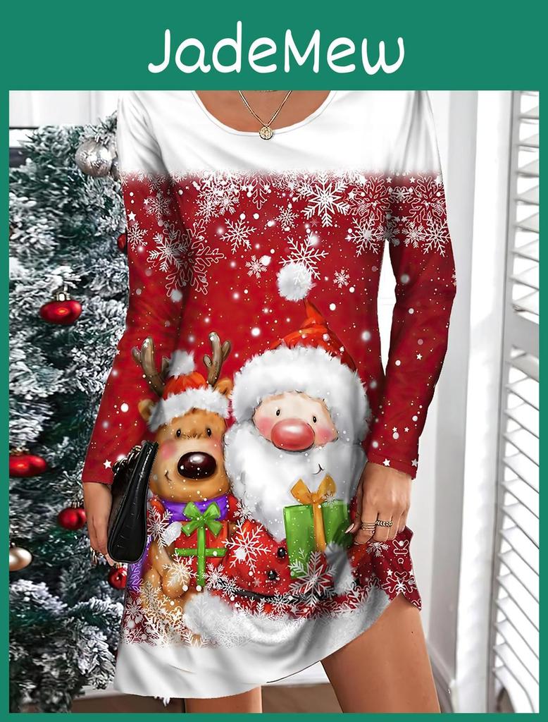 Santa Autumn Casual Womens Dress Claus Printed Dress Womens Oneck Short Sleeved Dress Plus Size