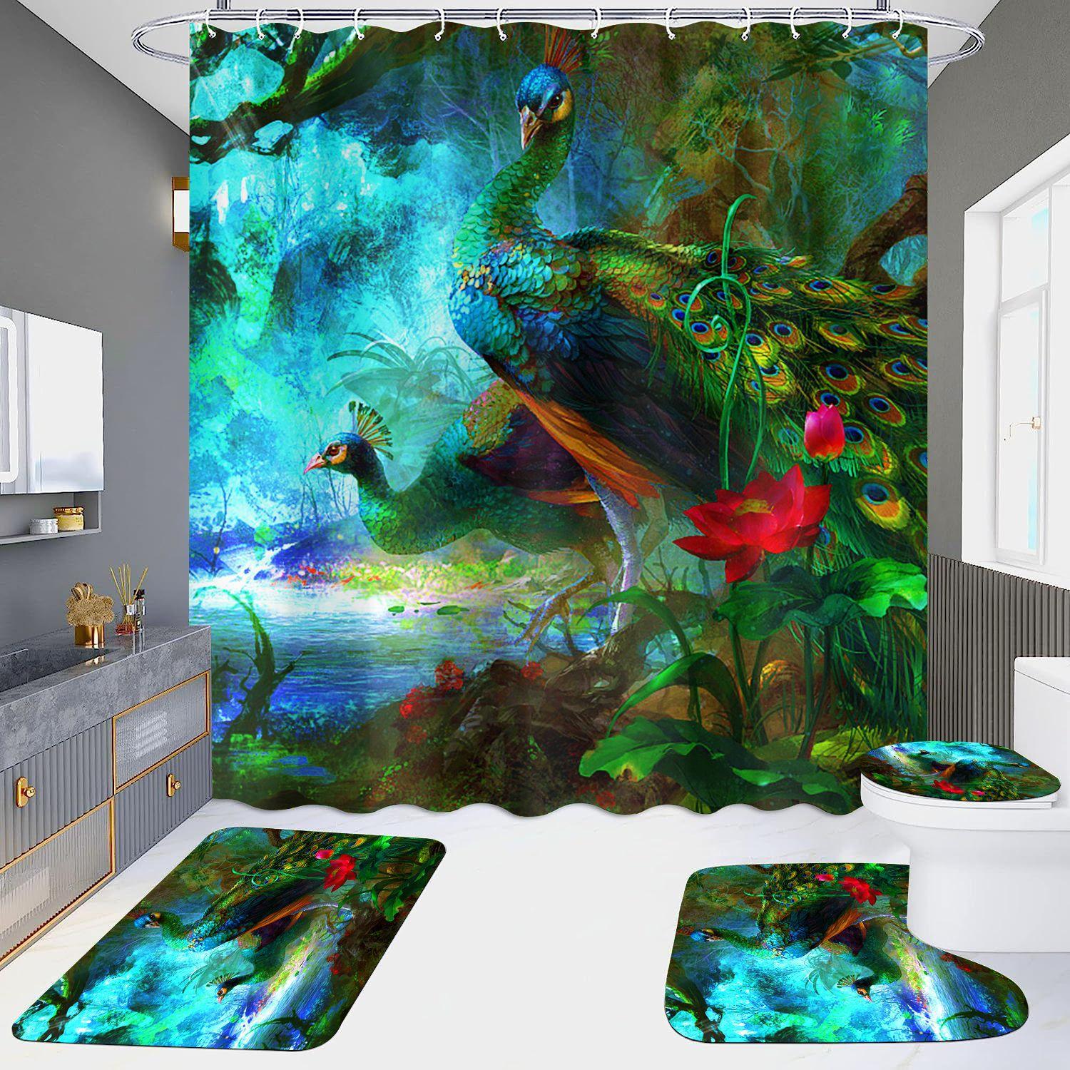 

HD занавеска для душа, набор из четырех предметов, водонепроницаемая без дырокола, ванная комната, отель, туалетная перегородка, занавеска Павлин Only curtain 180x180