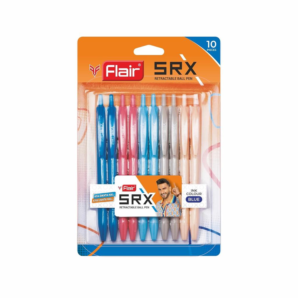 Flair SRX 0.7mm Retractable Ball Pen Pack Of 10 x 10 pcs Blue Ink Smooth Writing Refillable Grip Design For School Office Use