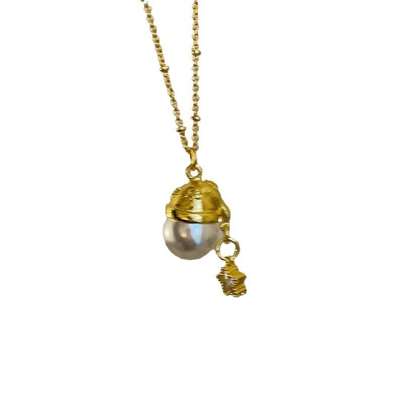 Ambience Golden Christmas Hat Pearl Pendant Necklace Stud Earrings Female Gentle Sweet Versatile Neck Chain Sweater Chain