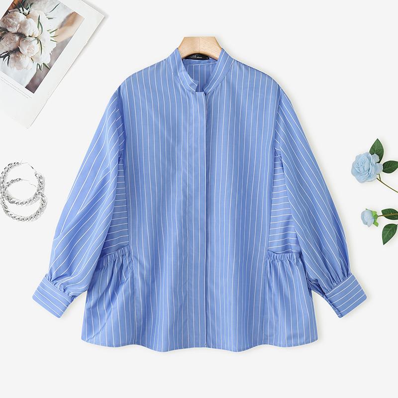 ZANZEA Women Casual Stand Collar Loose Long Sleeve Stripe Blouse