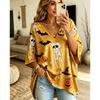 Halloween Printed T-shirt, Pumpkin Lantern Ghost T-shirt, Plus Size Women's V-neck Bat Sleeve Seven Quarter Sleeve Casual Top