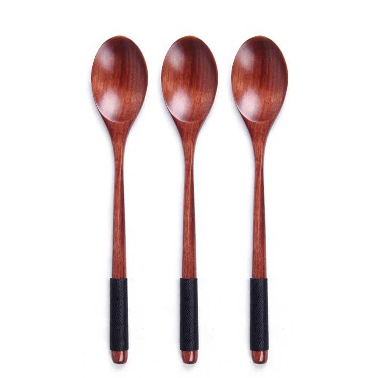 3Pcs Handmade Wooden Spoon Wrapped Wire Large Dessert Rice Soup Spoon Long Handled Kids Spoon Wood Kitchen Tool