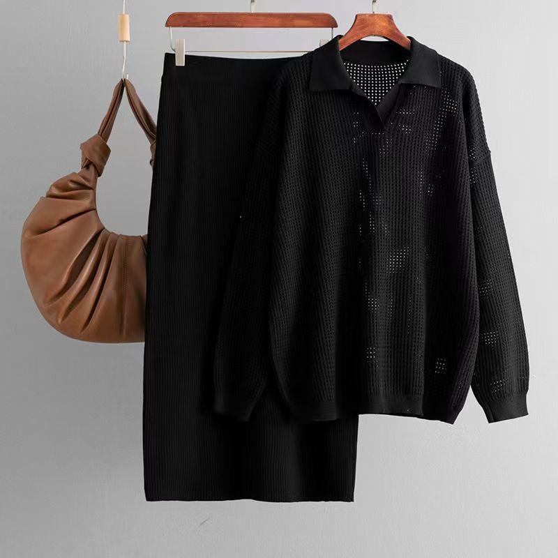 

European and American Sexy Hollow Knitted Long sleeve Top Skirt sets Knitted Top and Skirt Set Black One size