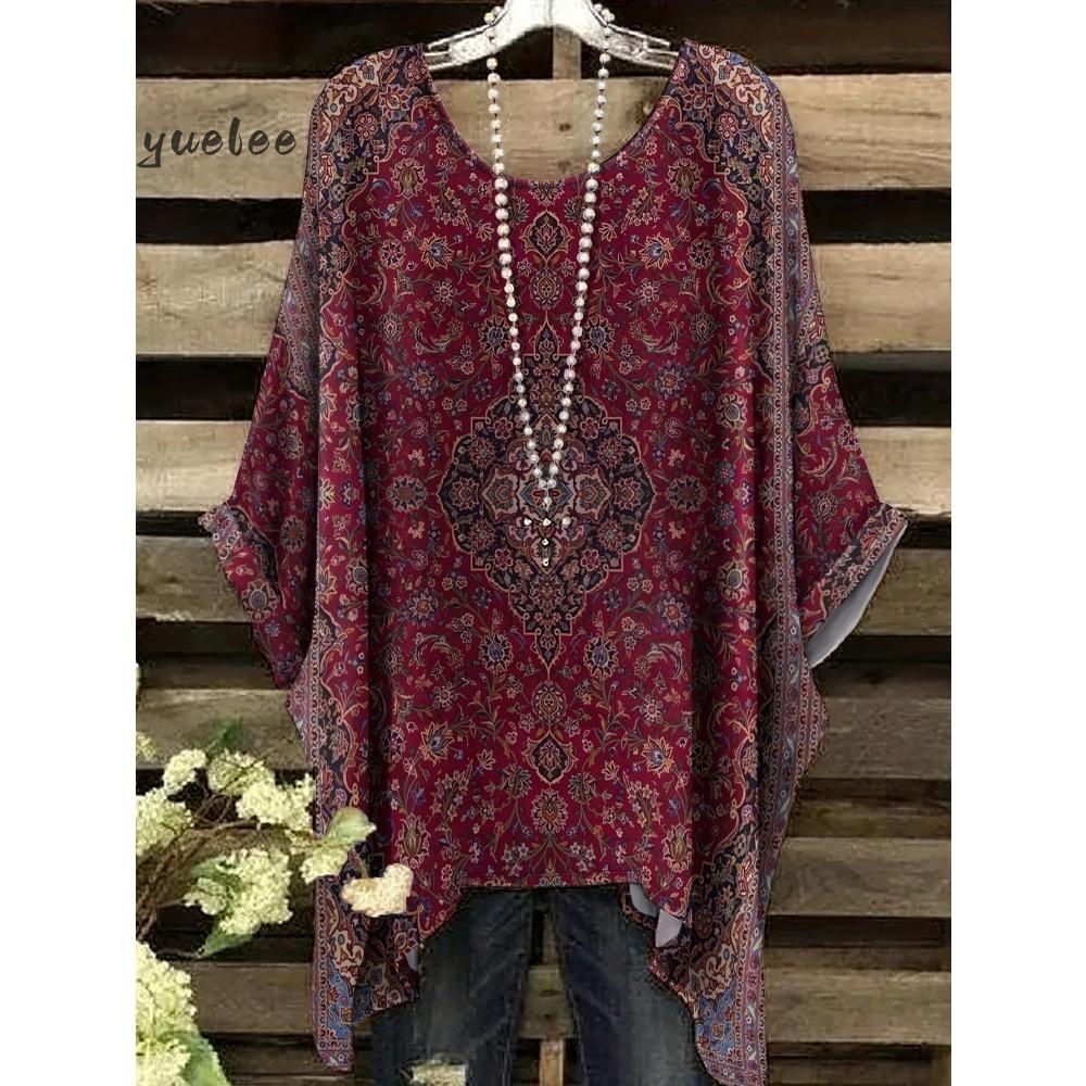 Damenbekleidung Bohemian Floral Tunika Übergröße Damen Bohemian Floralprint Tunika T-Shirt Kurzarm O-Ausschnitt Freizeitkleidung