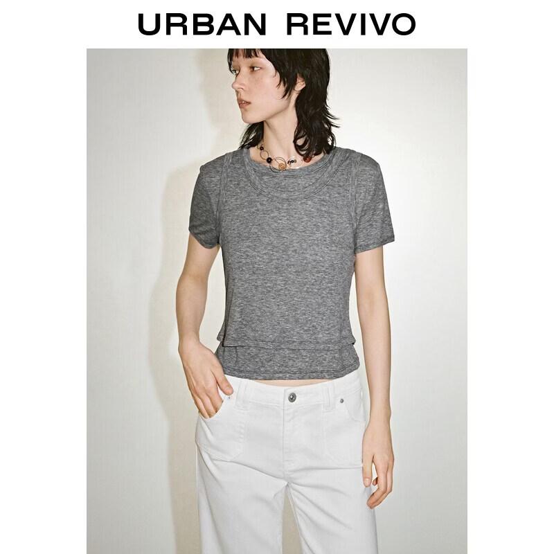 UR2026 Women s Faux Two-Piece Slim Short Sleeve T-shirt M