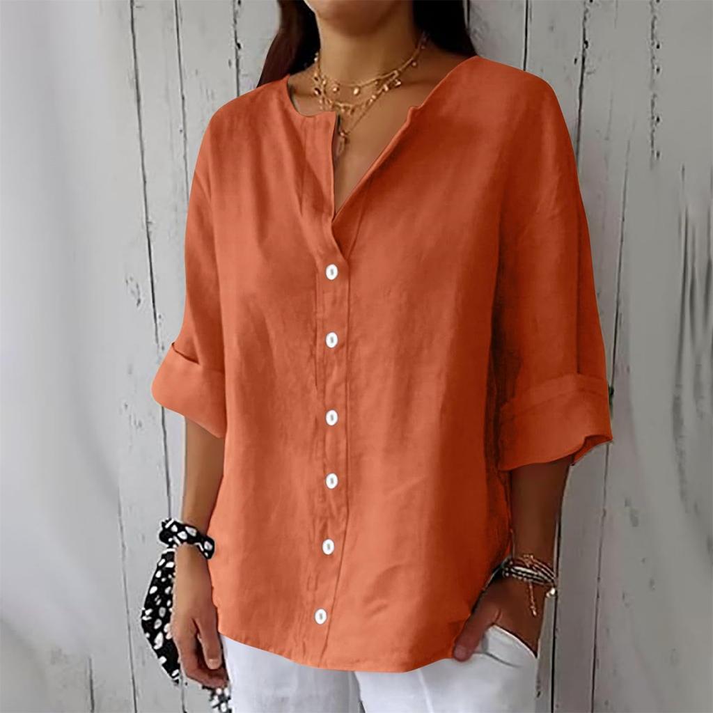 Women's Fashion Casual V-Neck Buttoned Seven Sleeve Cotton Linen Top