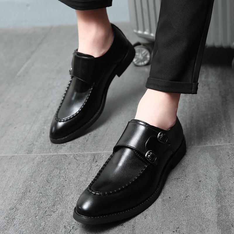 Men's Double Buckle Pointed Toe Leather Monk Shoes, Plus Size Formal Business Casual Footwear