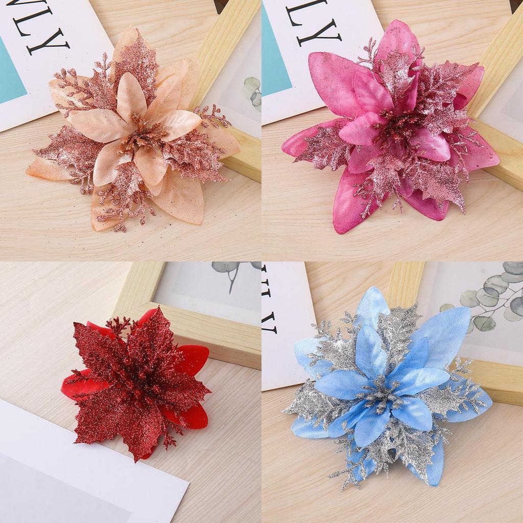 Weihnachtsblumen-Dekoration in Gold-, Silber- und Rottönen für Baumschmuck