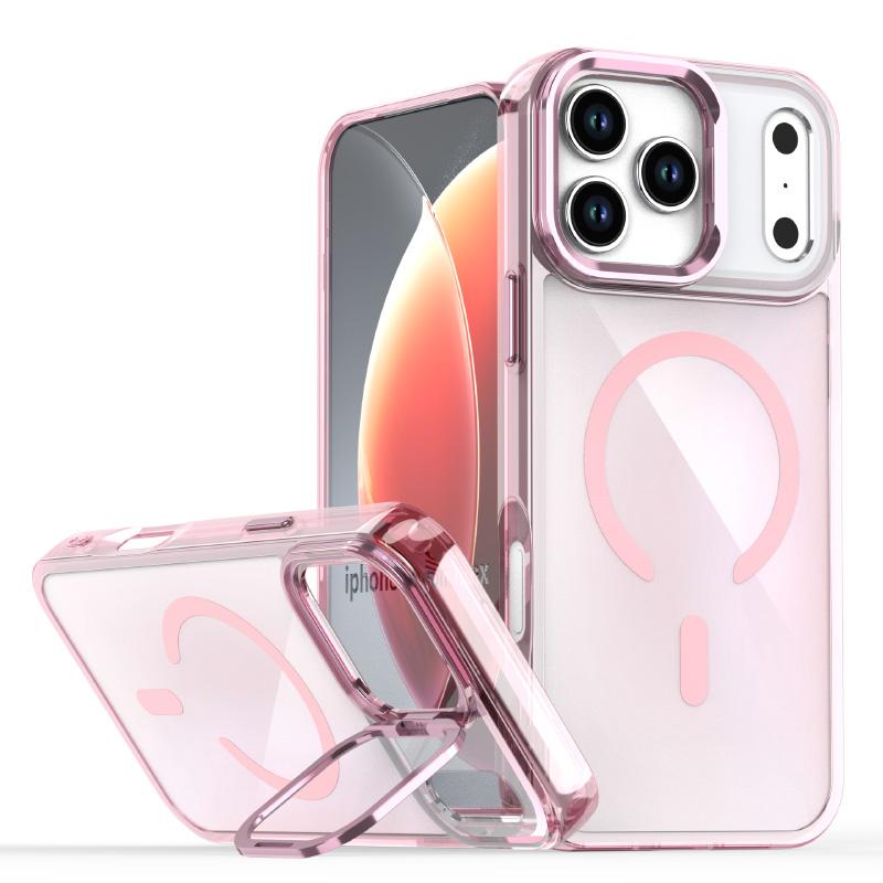 

For Magsafe Magnetic Wireless Charging Luxury Solid Color Border Lens Bracket Matte Phone Case For iPhone 17 Pro Max Back Cover iPhone17 Pro рожевий