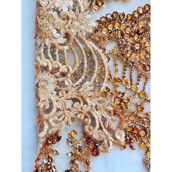 Handmade red/Blue/Gold/Green Rhinestones Lace Bodice Applique Sewing Beads Crystal Trim Patches Accessory for Dress Clothes (Light Champagne)