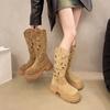 Inner Height Increase Thick Heel Western Cowboy Boots Women's Retro Knight Boots Spring and Summer Thin Ethnic Style Hollow Long Boots